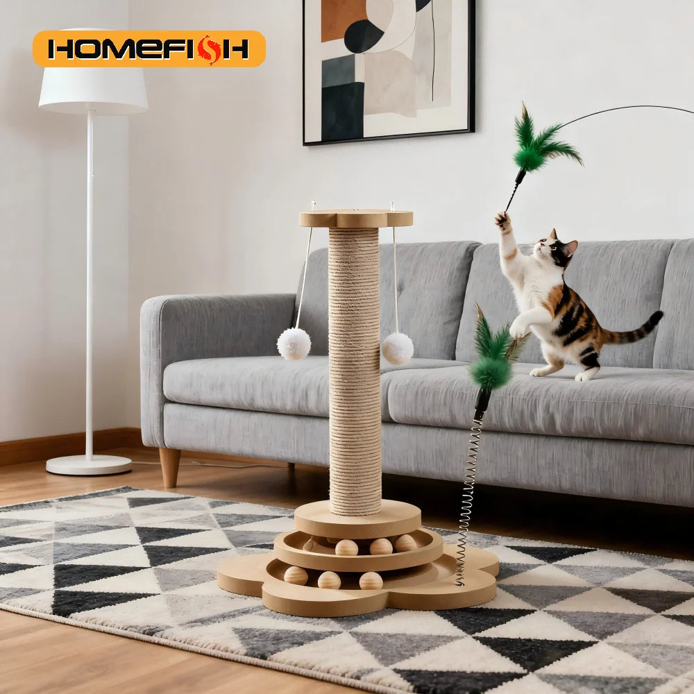 Wooden Cat Turntable Toy - Interactive Sisal Scratching Board with Balls