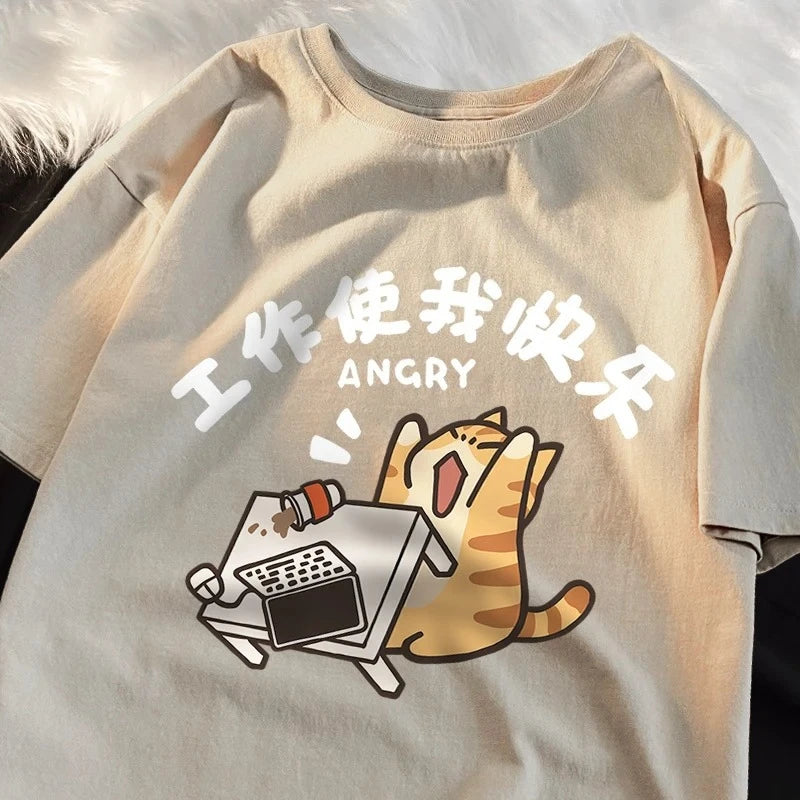Work Makes Me Happy Fun Cat Printed Japanese Style T-Shirts Women Fashion Breathable Tshirt Casual Summer Clothes Tops