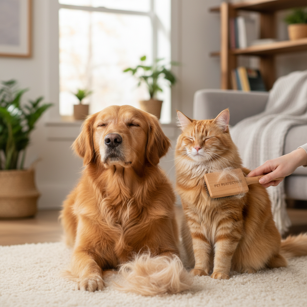 Cat and dog both enjoying grooming with massage brush