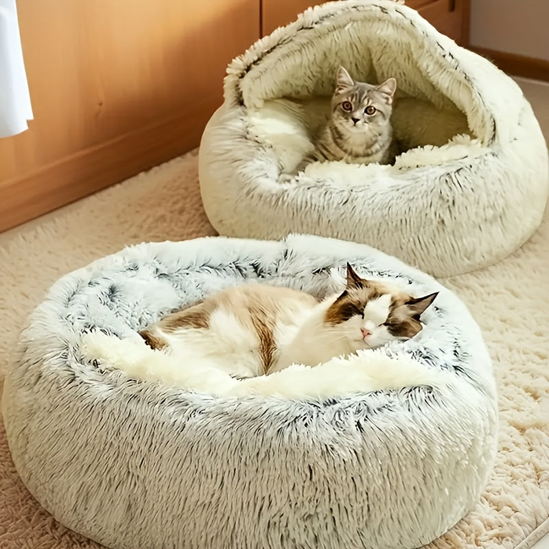 Plush Round Hooded Pet Bed - Warm for Cats & Dogs