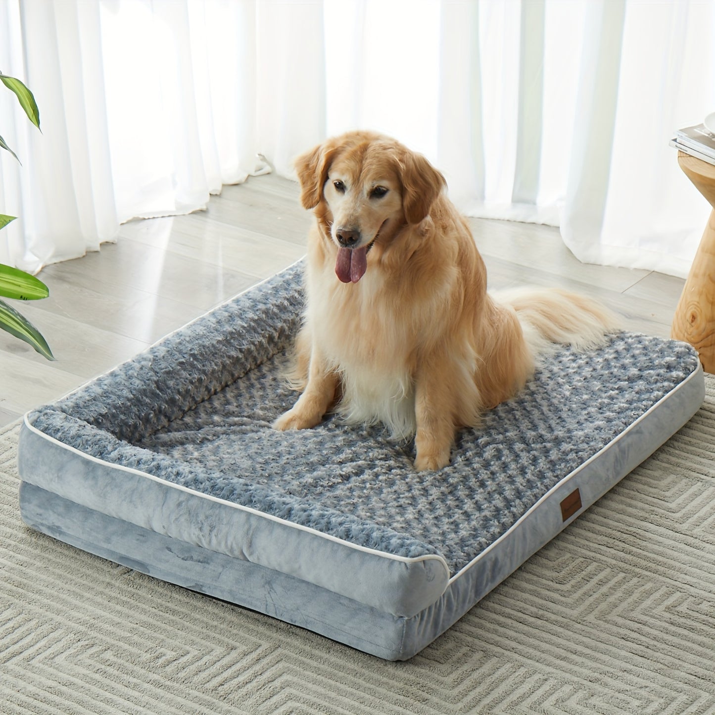 Golden retriever relaxing on breathable grey dog bed mat in home setting