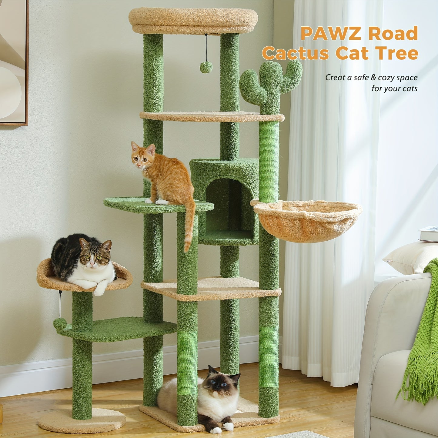 Cactus Cat Tree 59" - Multi-Level Tower for Large Cats