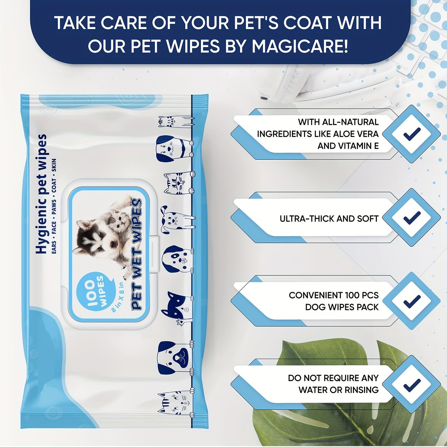 Pet Wipes 100pcs - Hypoallergenic Dog & Cat Wipes