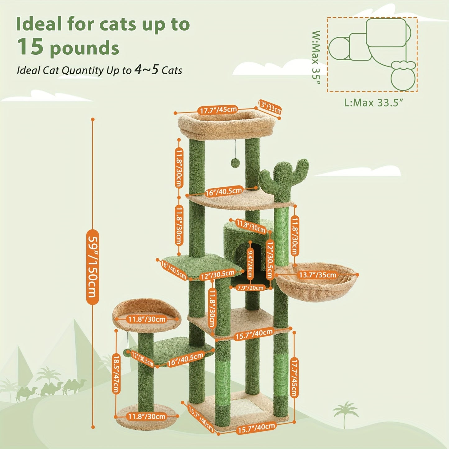 59" Cactus Cat Tree - Multi-Level Tower for Large Cats