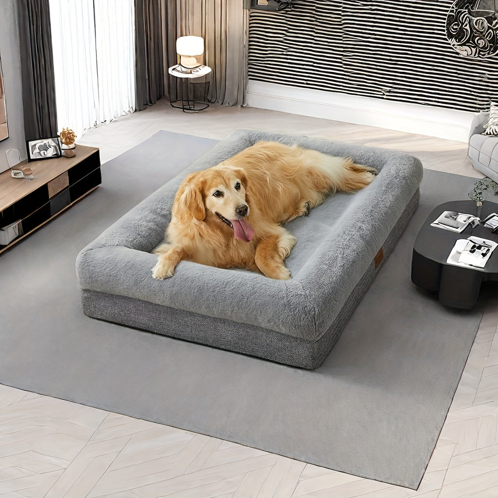 Extra large grey orthopedic dog bed with raised bolster sides