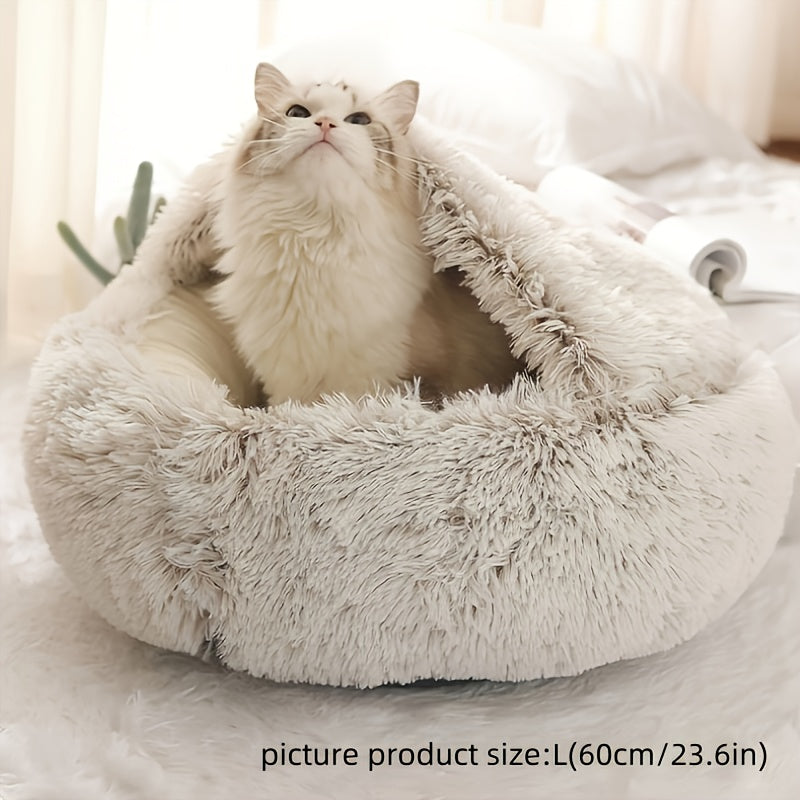 Universal plush round hooded pet mattress cozy bed for cats and small dogs
