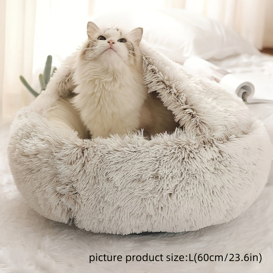 Universal plush round hooded pet mattress cozy bed for cats and small dogs
