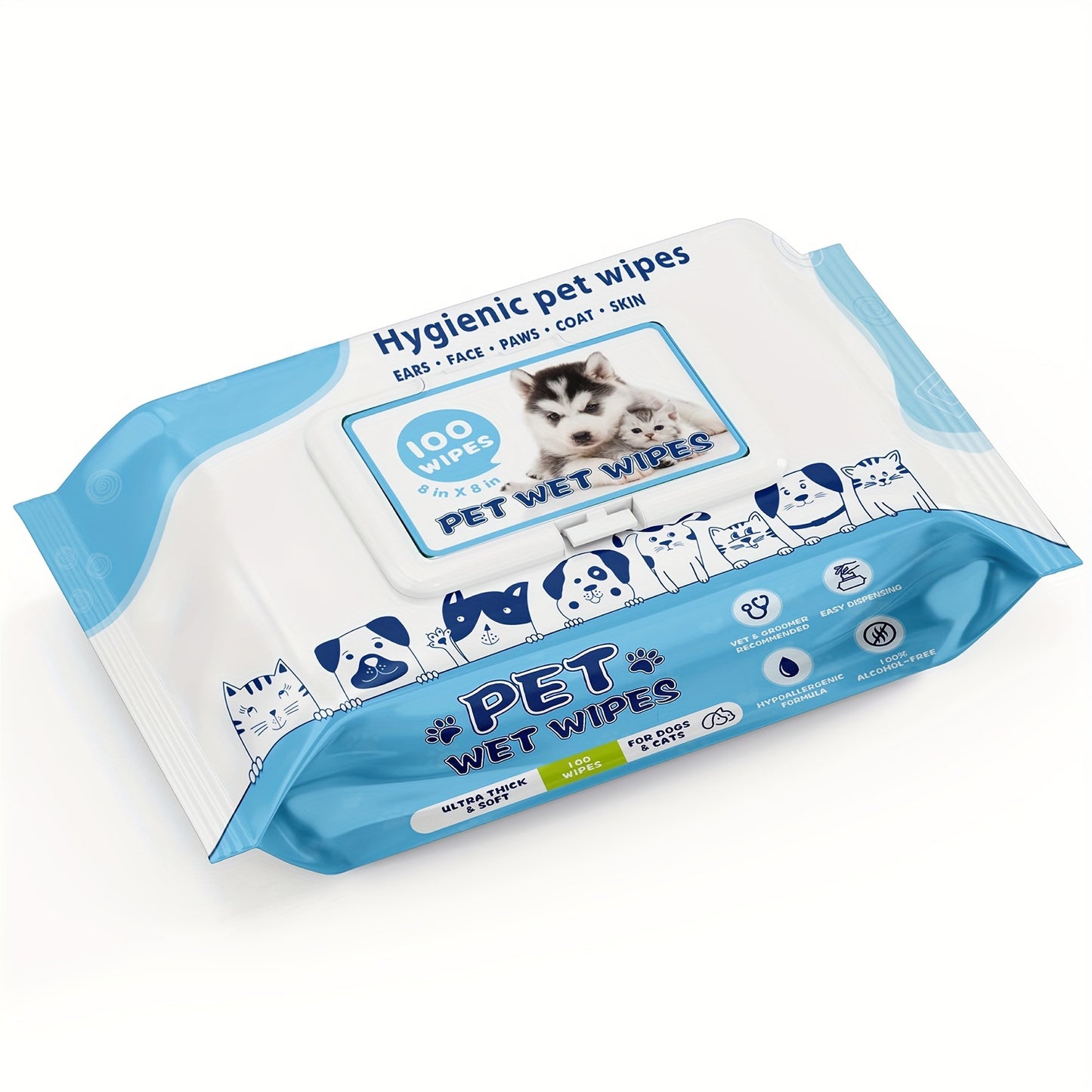 Pack of 100 unscented dog wipes for cleaning body, ears and face
