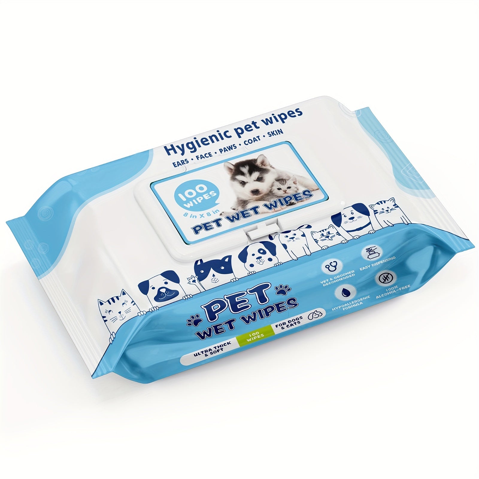 Pack of 100 unscented dog wipes for cleaning body, ears and face

