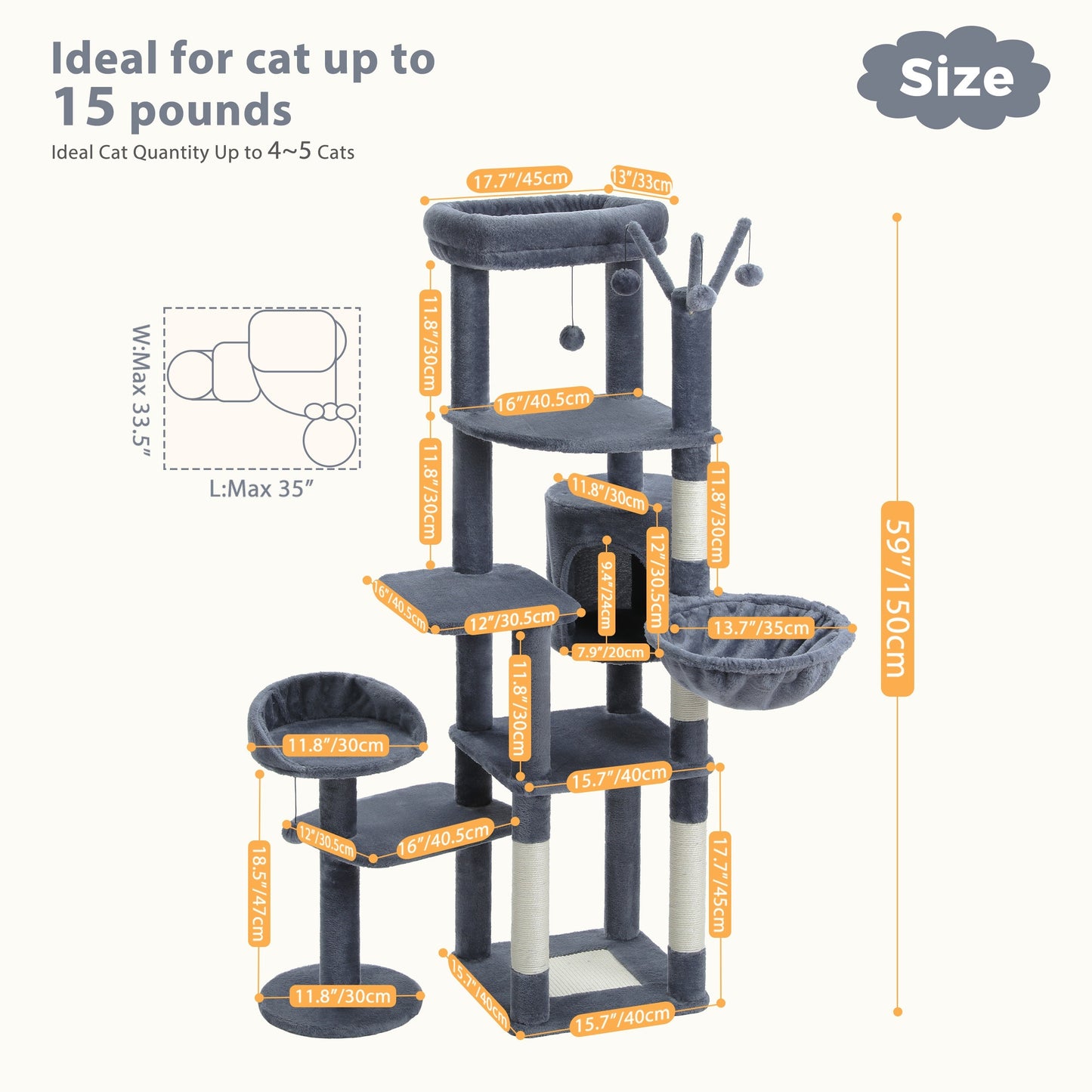 Cactus Cat Tree 59" - Multi-Level Tower for Large Cats