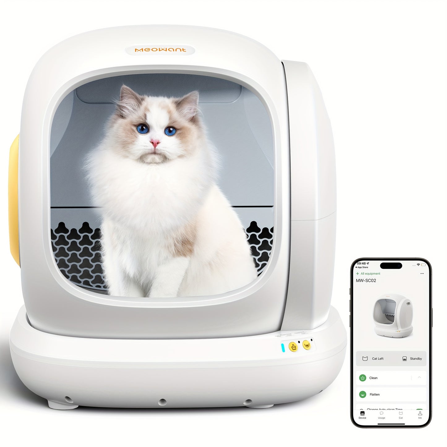 White automatic cat litter box with app control and garbage bag storage