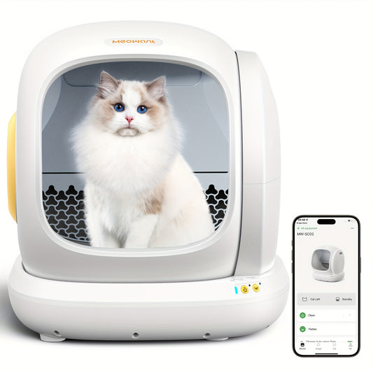White automatic cat litter box with app control and garbage bag storage