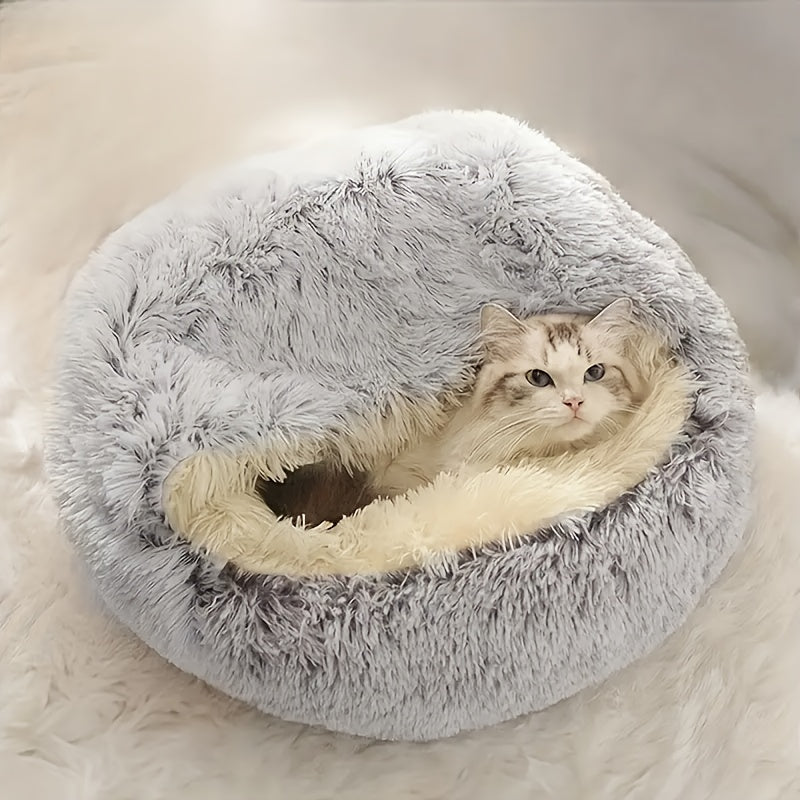 Plush Round Hooded Pet Bed - Warm for Cats & Dogs