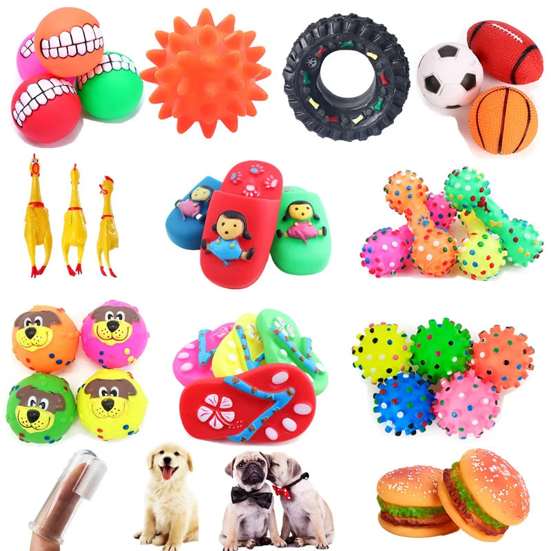 Colorful squeaky dog toys including bones, slippers and balls for training
