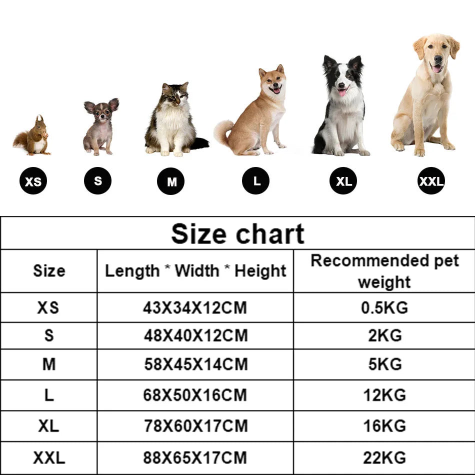 Small dog bed size chart showing dimensions for different dog breeds and weights