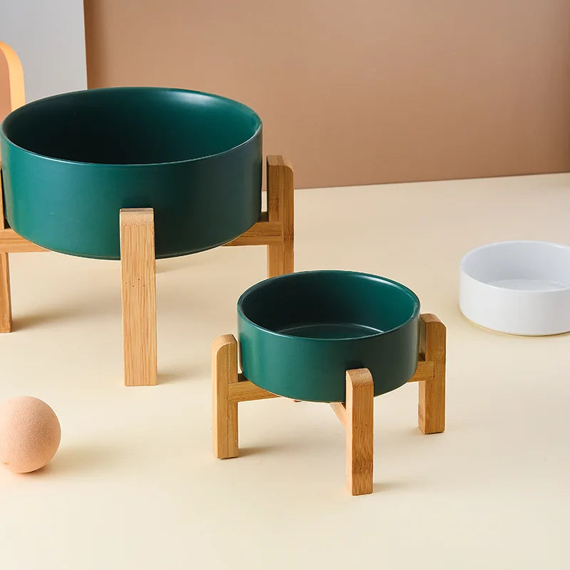 Elevated Dog Bowl - Ceramic with Wooden Stand