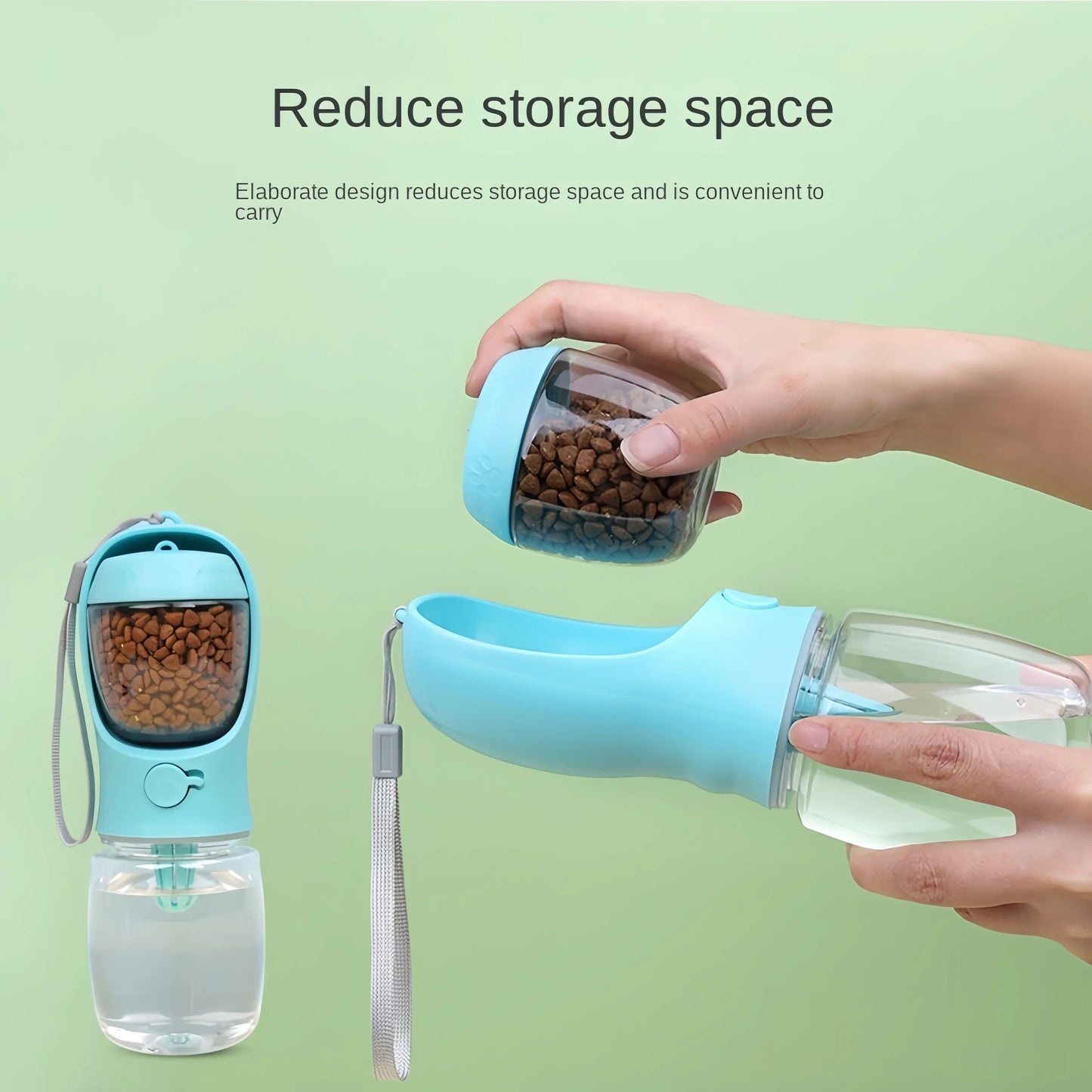 Multifunctional pet bottle with food and water compartments on a green background
