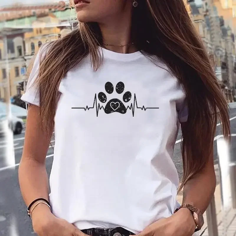 Dog paw print 90s style graphic t-shirt for women
