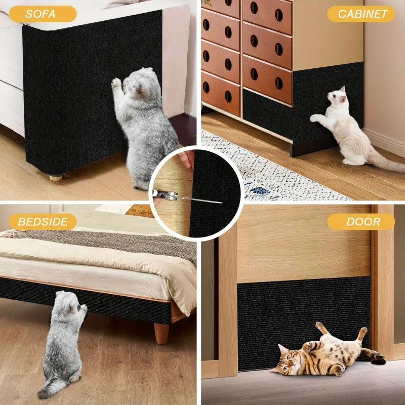 Black cat using corner scratching mat protector on furniture