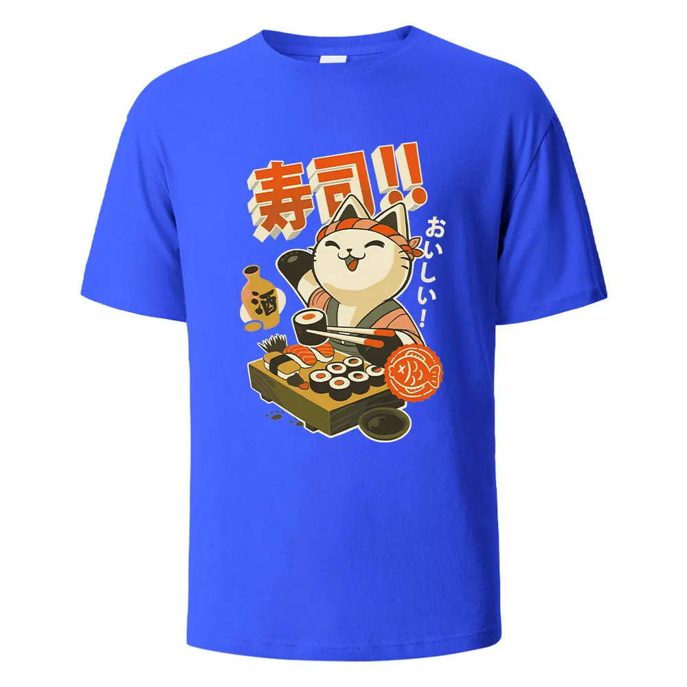 Sushi Cat Print t shirts 100% Cotton Summer Tees For Men Women Oversize Casual Tops t shirts