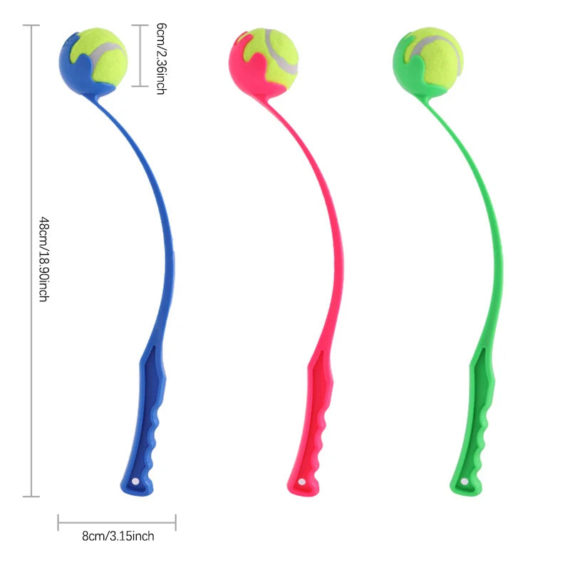 Three colorful toys with tennis ball ends and measurements on a white background