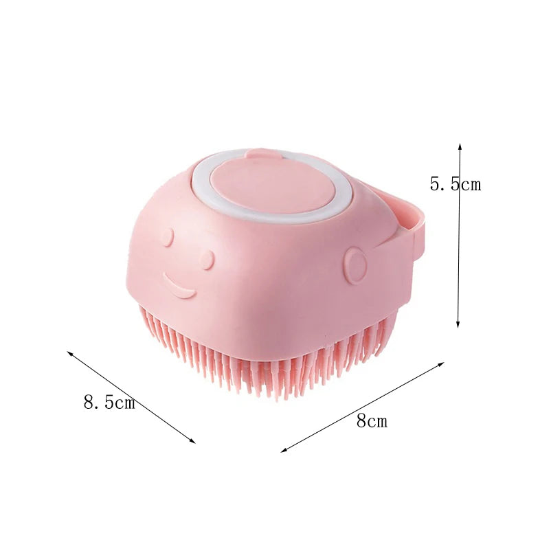 Pink pet massage bath brush showing ergonomic design and dimensions