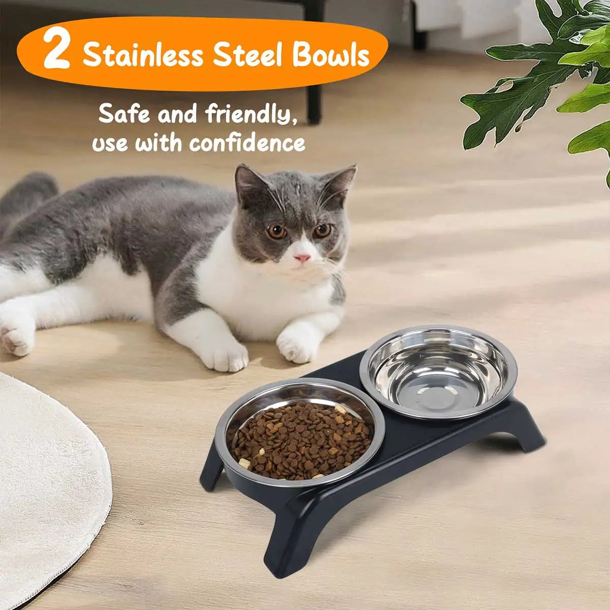 Cat sitting next to a stainless steel pet feeder with two bowls on a wooden floor.