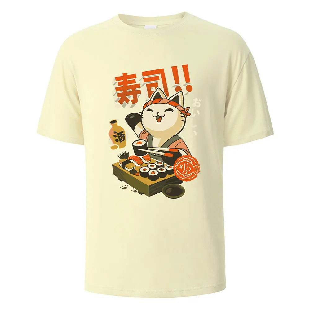 Sushi Cat Print t shirts 100% Cotton Summer Tees For Men Women Oversize Casual Tops t shirts