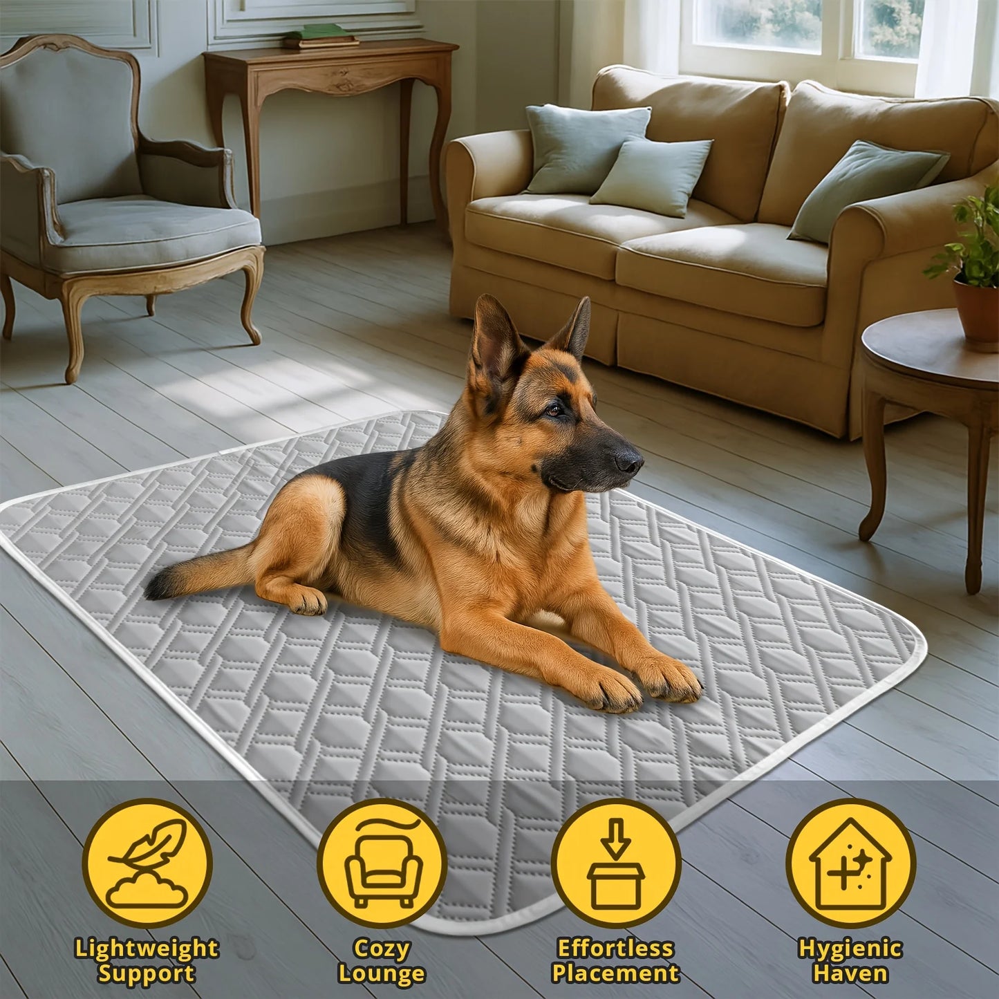 German Shepherd lying on blue cooling mat in home setting