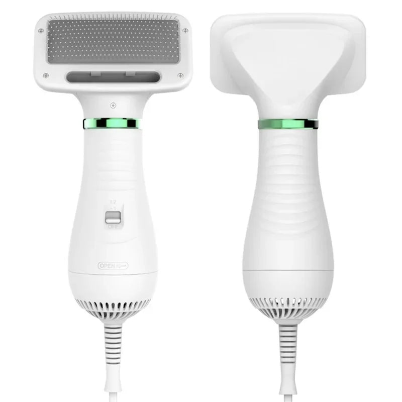 White pet hair dryer with slicker brush attachment for dogs and cats
