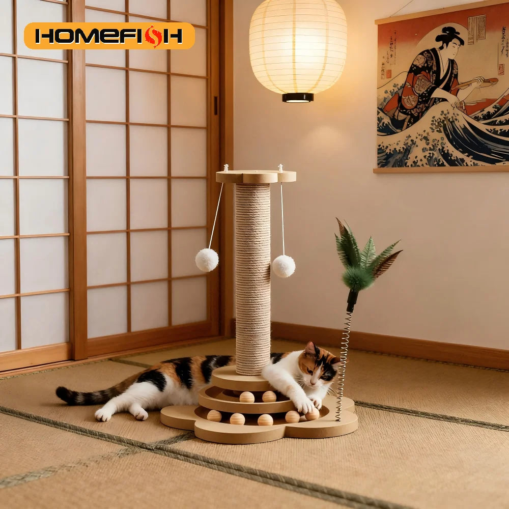 Wooden Cat Turntable Toy - Interactive Sisal Scratching Board with Balls