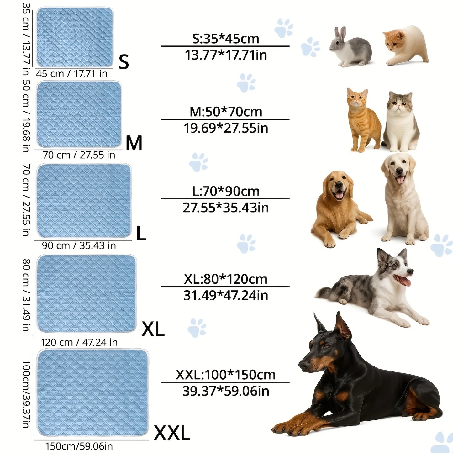 Dog cooling mat size guide showing dimensions for small, medium, and large dogs