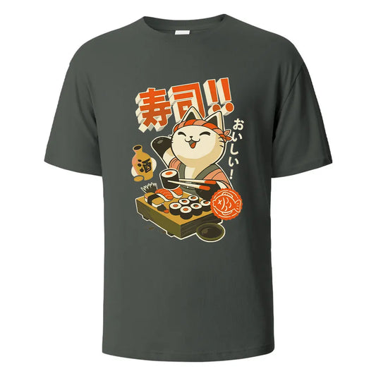 Sushi cat print 100% cotton oversized casual t-shirt
