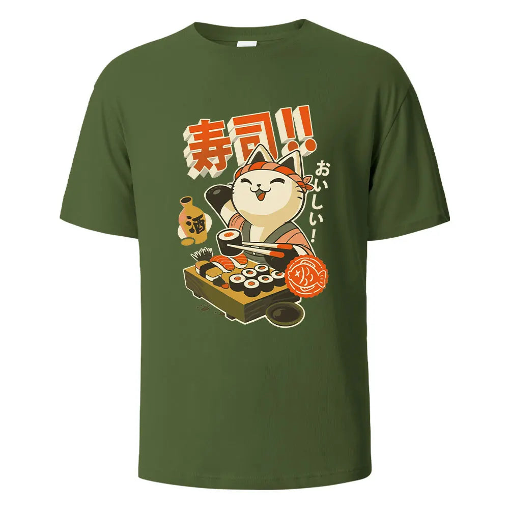 Sushi Cat Print t shirts 100% Cotton Summer Tees For Men Women Oversize Casual Tops t shirts