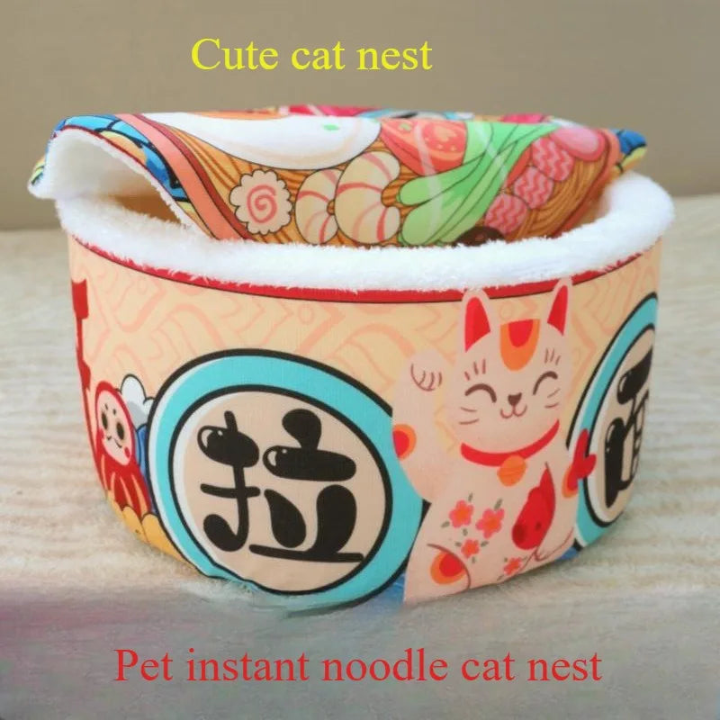 Semi-closed warm plush cat bed in cute instant noodle design