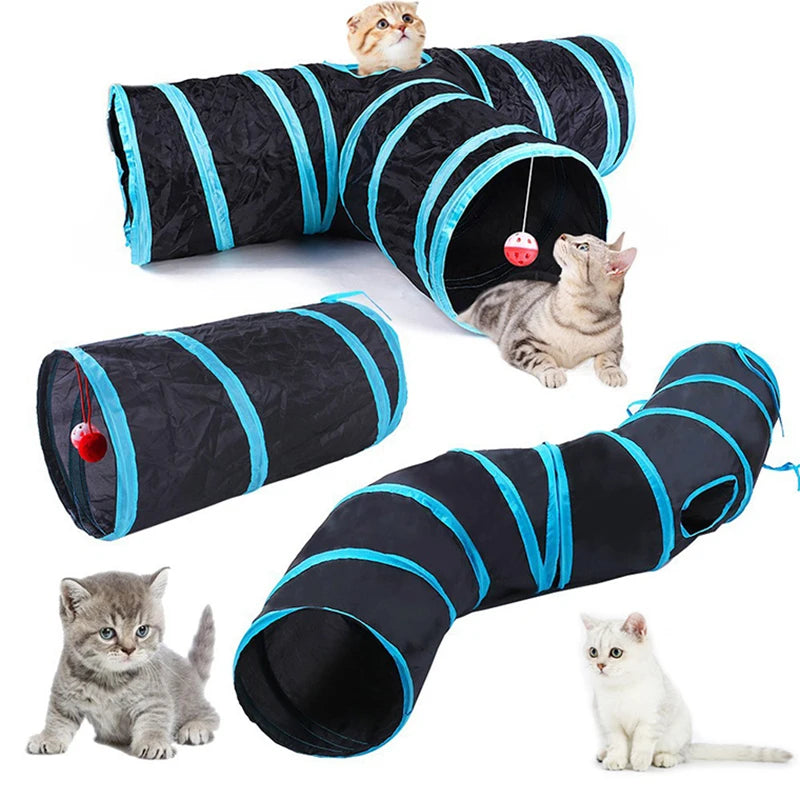 Collapsible cat tunnel toy showing portable design with hanging ball toy