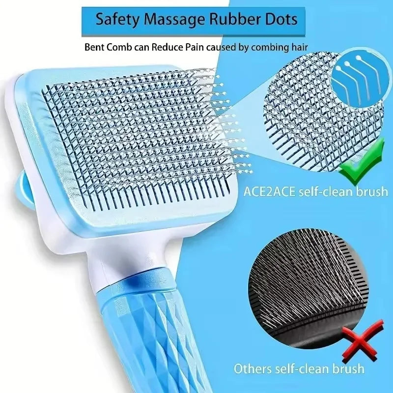 Blue dog hair remover brush with self-cleaning button and ergonomic handle