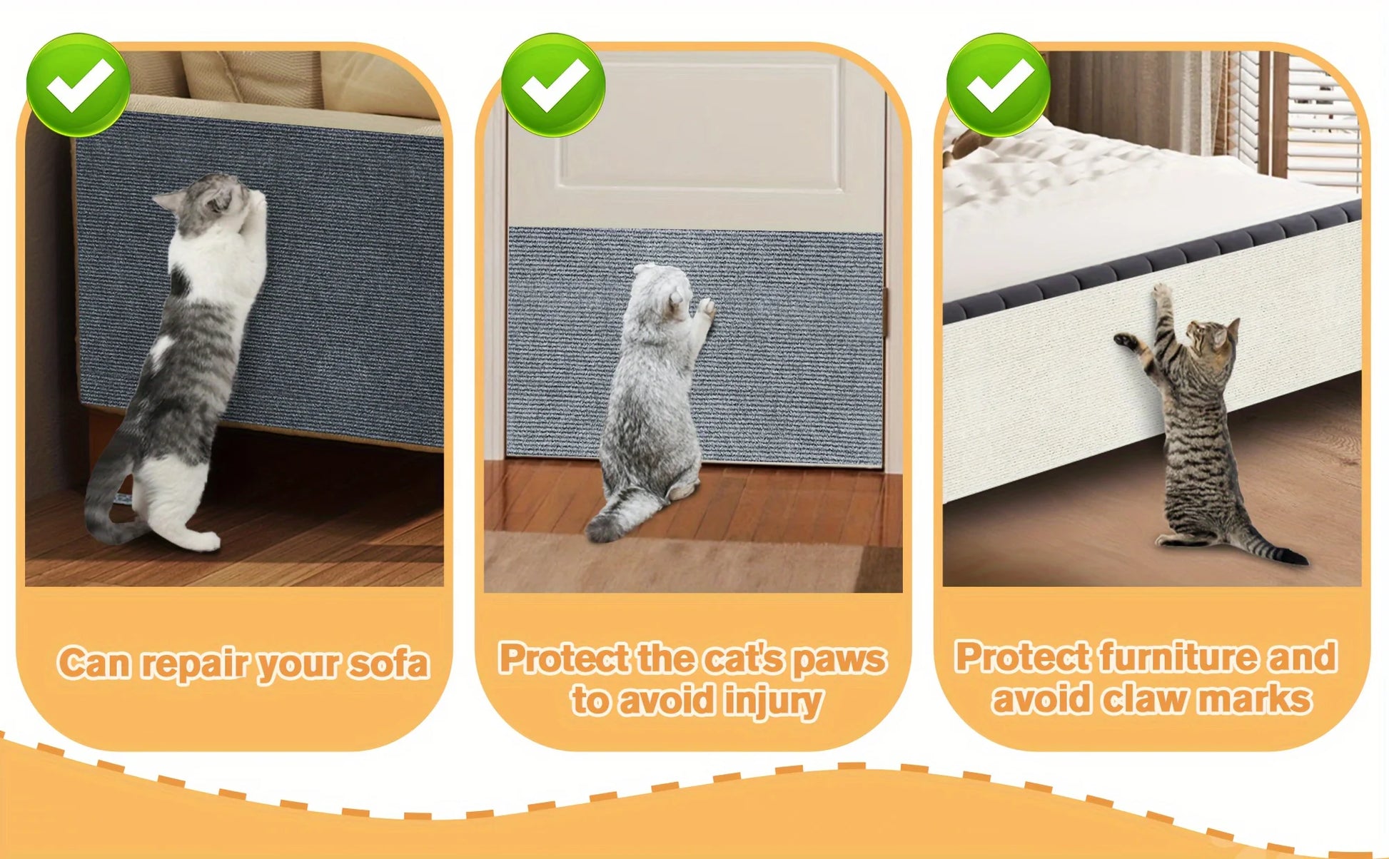 Beige cat scratching mat being installed on furniture with easy DIY application