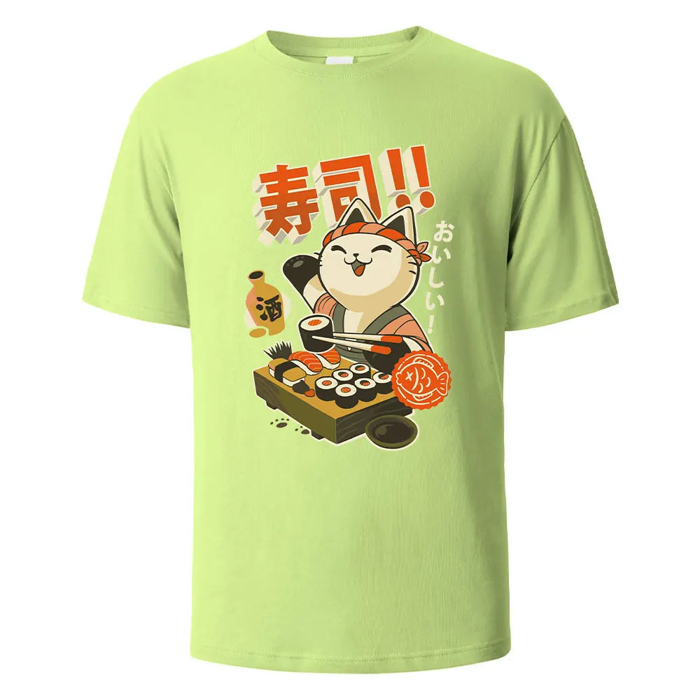 Sushi Cat Print t shirts 100% Cotton Summer Tees For Men Women Oversize Casual Tops t shirts