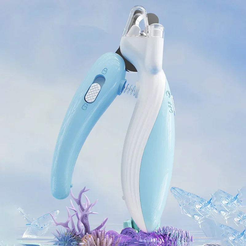 Pet nail clipper with a blue and white design on a light blue background