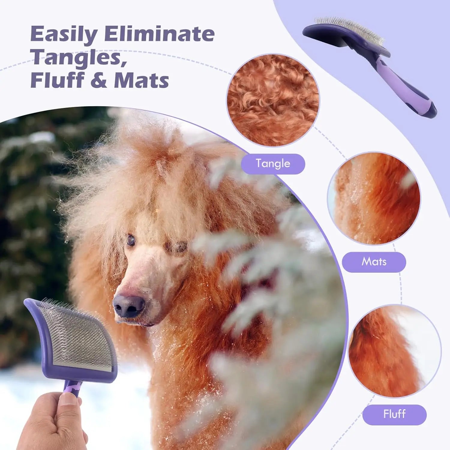 Pet grooming tool being used on a fluffy dog with text indicating it eliminates tangles, fluff, and mats.