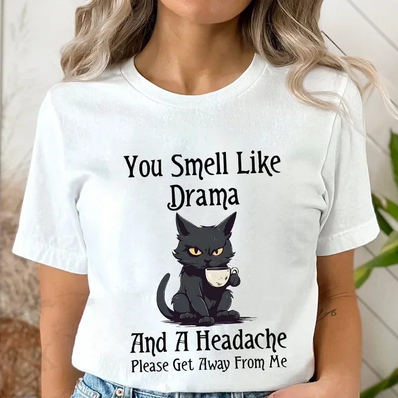 You smell like drama cat coffee print t-shirt for cat moms
