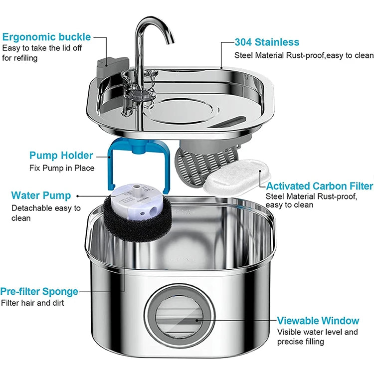Cat Water Fountain 3.2L - Stainless Steel Automatic Dispenser