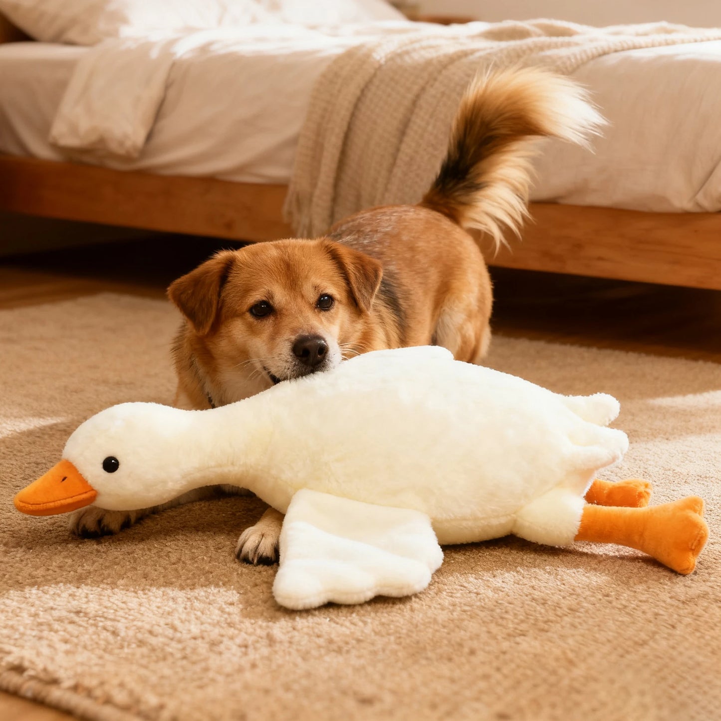 Dog playing with a large stuffed duck toy on a carpeted floor.
