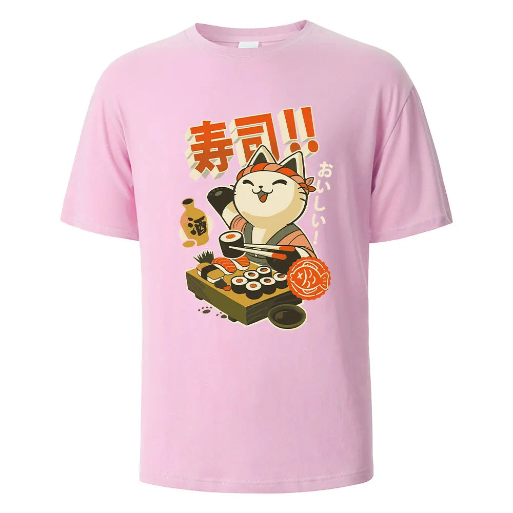 Sushi Cat Print t shirts 100% Cotton Summer Tees For Men Women Oversize Casual Tops t shirts