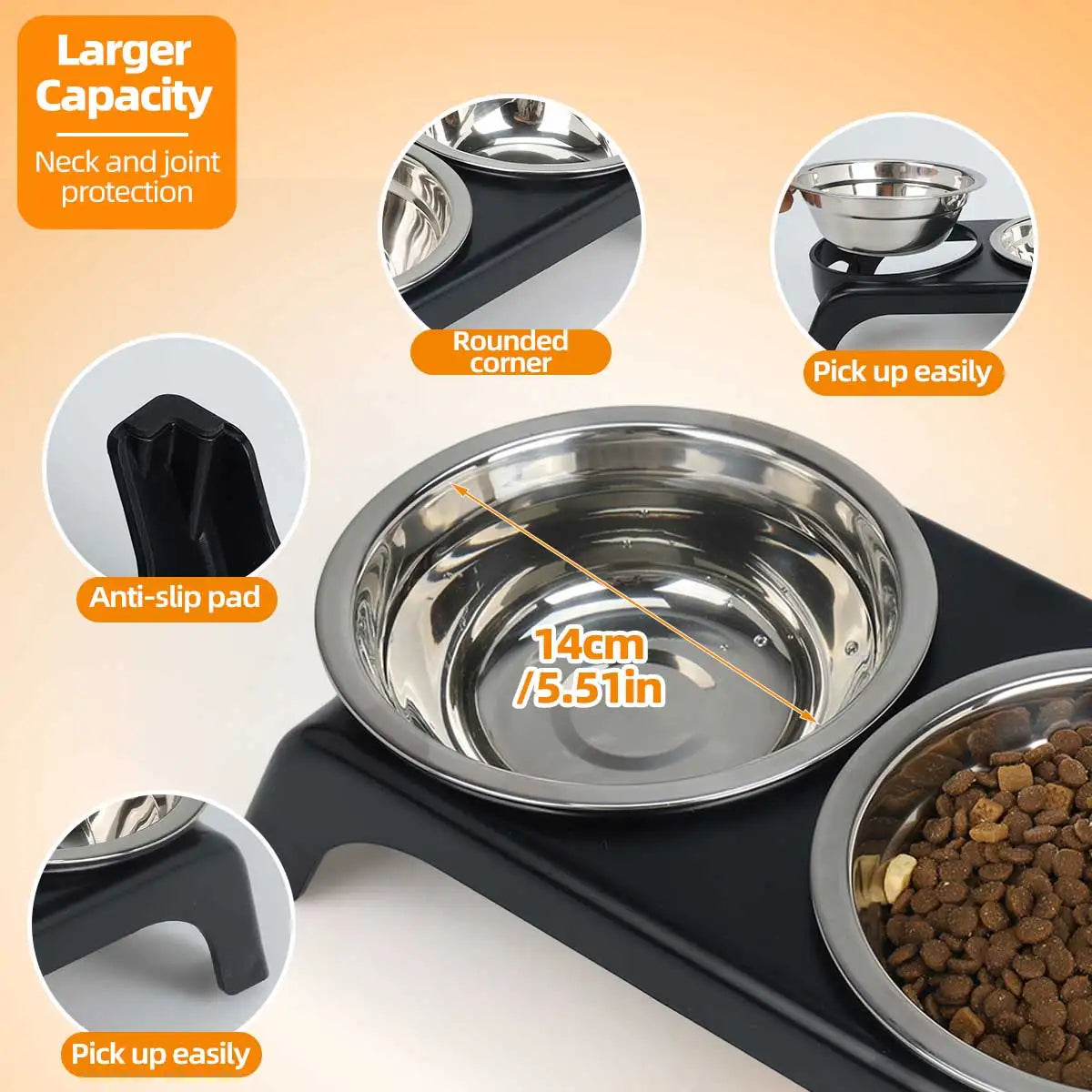 Stainless steel pet bowl with black base, featuring rounded corners, anti-slip pad, and larger capacity text.