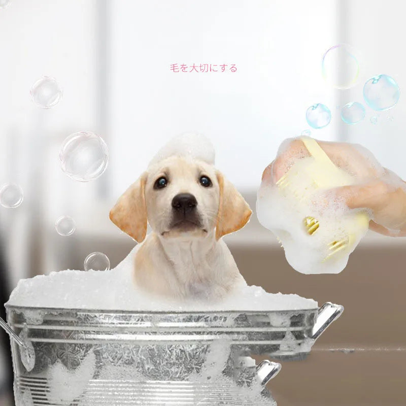 White dog being bathed with yellow pet grooming massage brush in tub