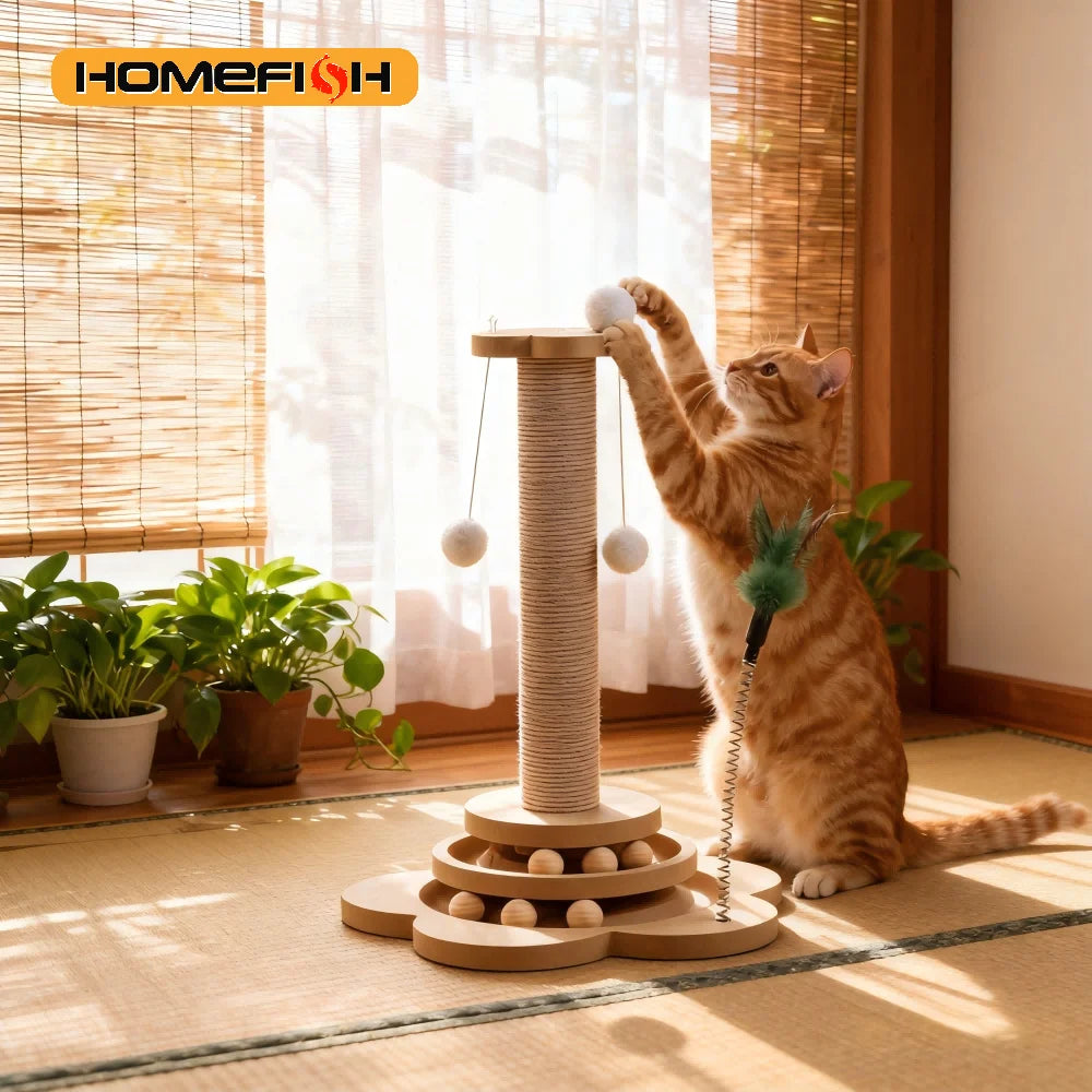 Wooden Cat Turntable Toy - Interactive Sisal Scratching Board with Balls