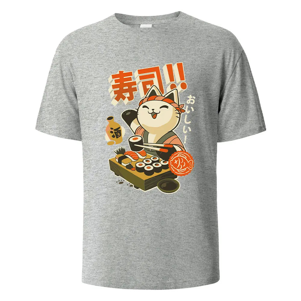 Sushi Cat Print t shirts 100% Cotton Summer Tees For Men Women Oversize Casual Tops t shirts