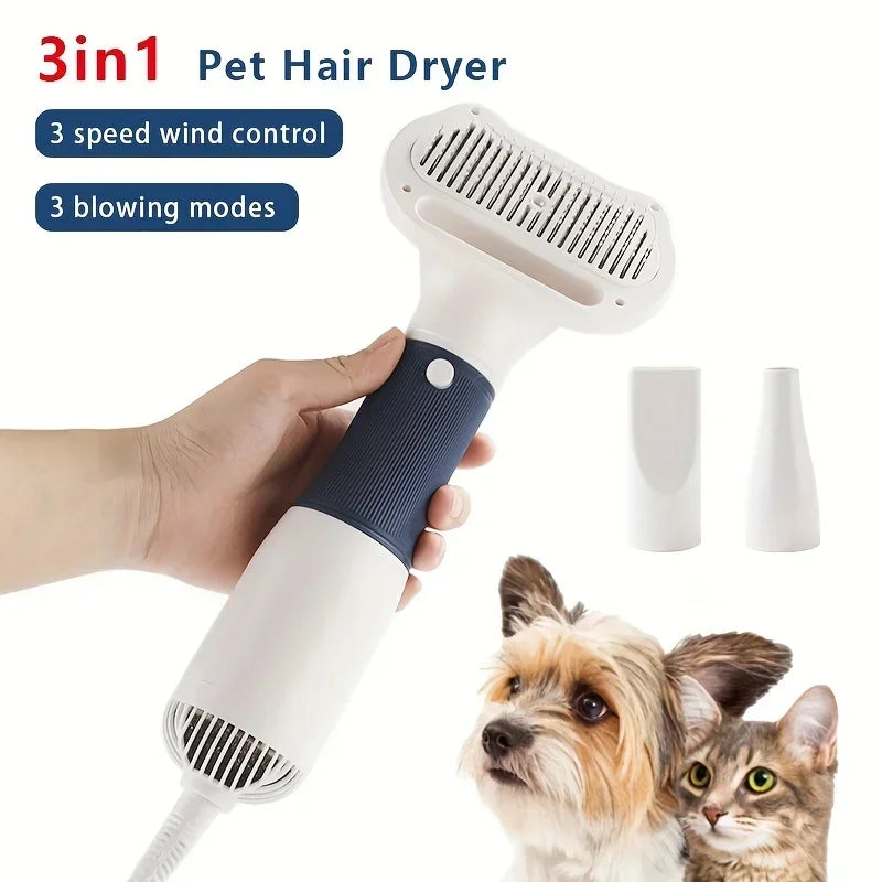 3-in-1 dog grooming tool with hair dryer, brush and comb attachments